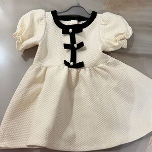 Janie and Jack Ivory Quilted Puff-Sleeve Dress with Black Velvet Trim